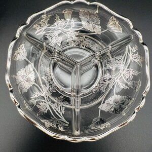 Vtg Silver City Glass Co Sterling on Crystal Divided Bowl Dish 6” Flanders Field